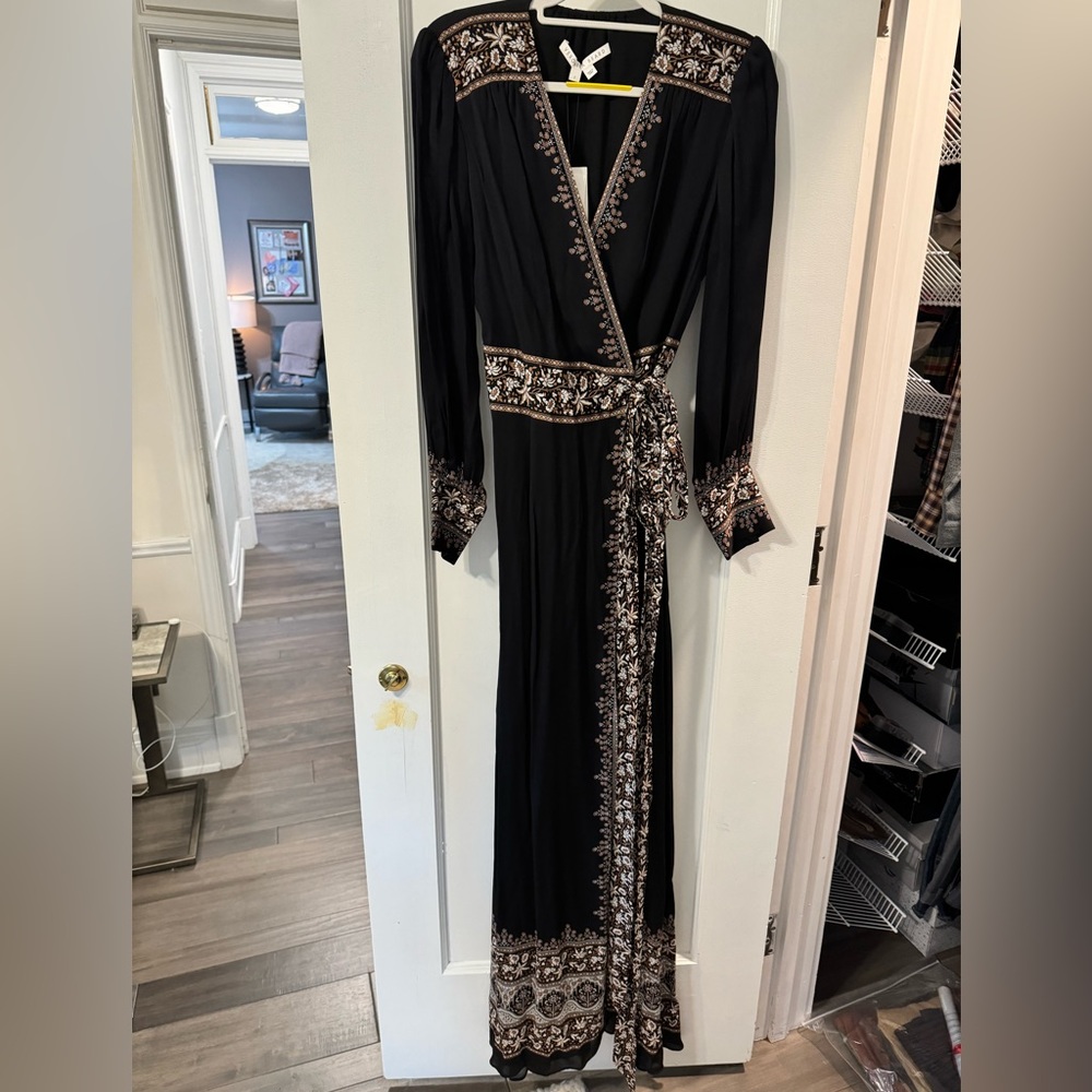 Veronica Beard Black Maxi Wrap Dress with Cream Florals